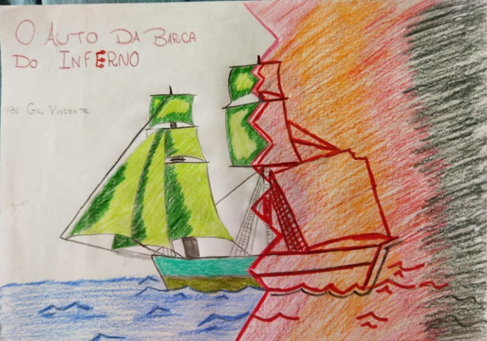 Turma recria capa do livro Auto da Barca do Inferno na aula de Literatura